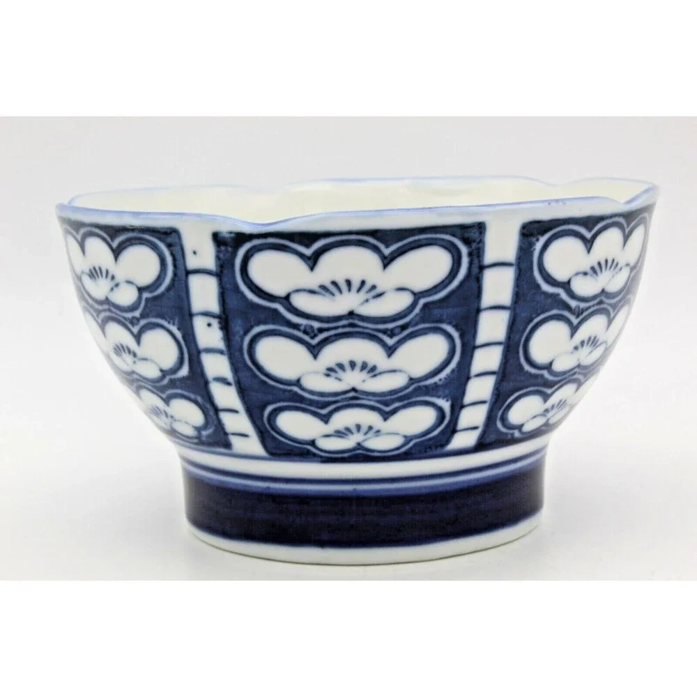 Rice Bowls Ume Japanese Porcelain Set of 4 Blue White Plum Blossom Vintage